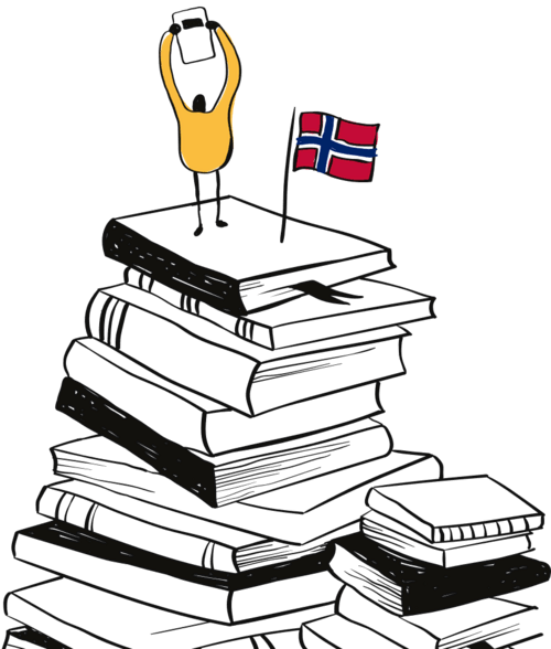 Berg av bøker med figur og et norsk flagg på toppen.